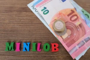 Euro-Banknoten, Geldbörse, das Wort „Minijob“ aus farbigen Buchstaben liegen auf einem alten Holztisch, Konzept der Sozialhilfe für Arme, Konzept der Sozialversicherung, Vorzugsbesteuerung