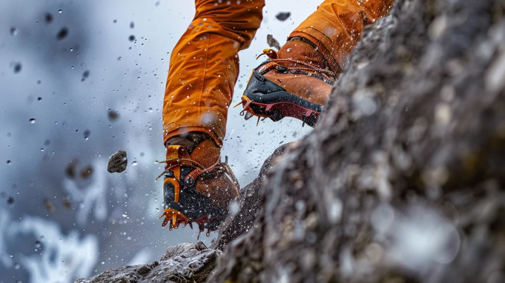 Nahaufnahme der Schuhe eines Bergsteigers mit Spikes