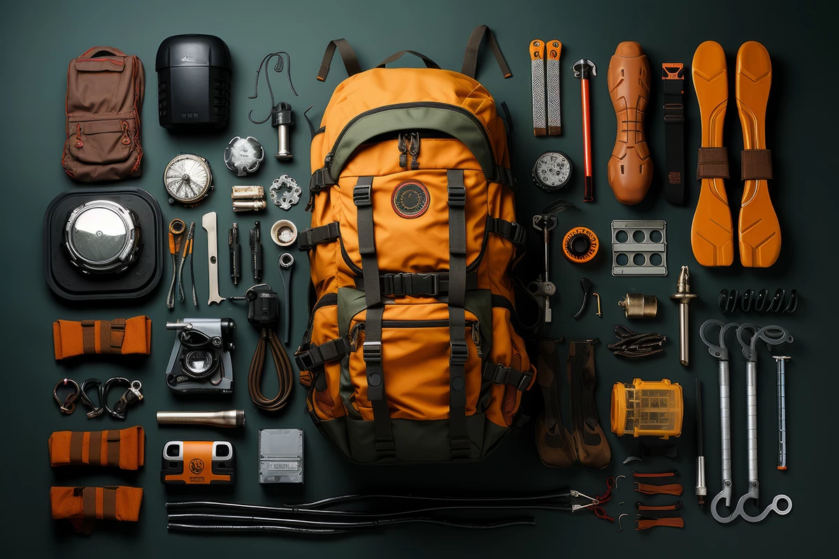 Der Inhalt eines Bergsteigerrucksacks nebeneinander zurechtgelegt