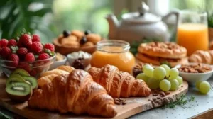 Ein kontinentales Frühstück mit Croissants, frischem Orangensaft, Obst und einem heißen Getränk
