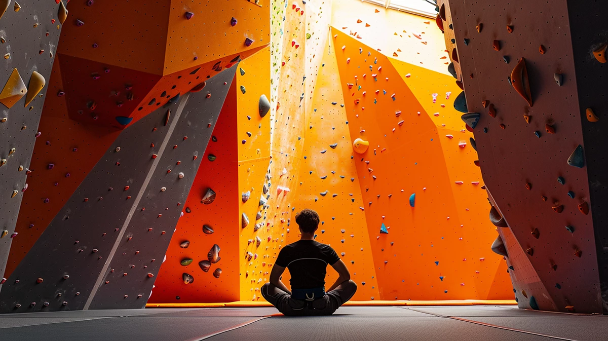 Eine Peson, die vor einer Kletterwand sitzt