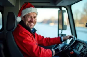 Fröhlicher Weihnachtsmann-LKW-Fahrer feiert Weihnachtsstimmung auf der Straße