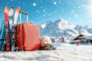 Gepackter Koffer und Skiausrüstung als Symbol für geplante Abwesenheiten