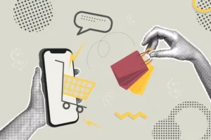 Illustration mit Smartphone und Einkaufstaschen symbolisiert Online-Shopping und E-Commerce.