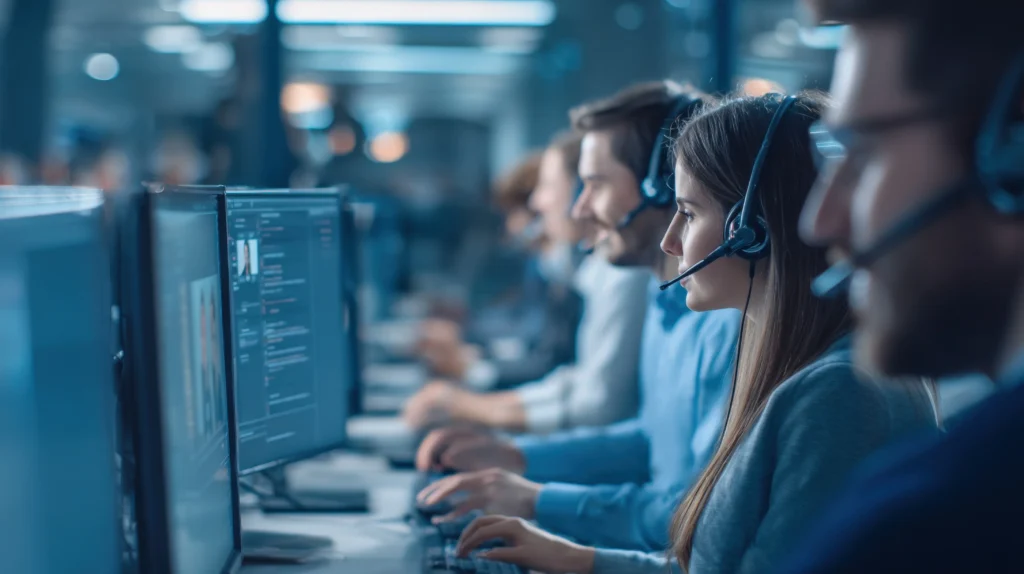 IT-Support-Mitarbeiter mit Headsets arbeiten an Computern in einem modernen Helpdesk- oder Servicecenter