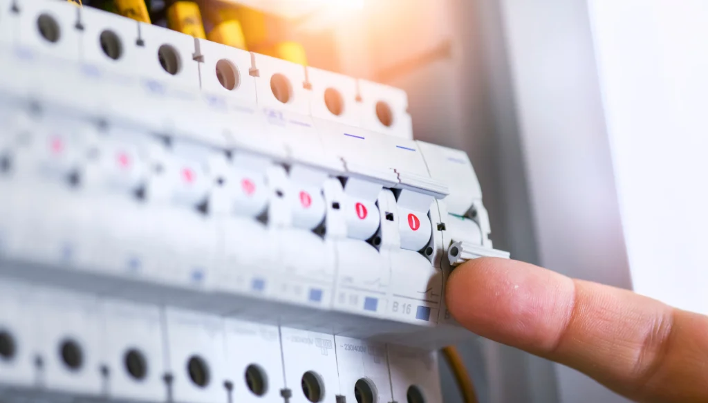 Finger betätigt einen Leitungsschutzschalter in einem modernen Sicherungskasten zur Stromabschaltung